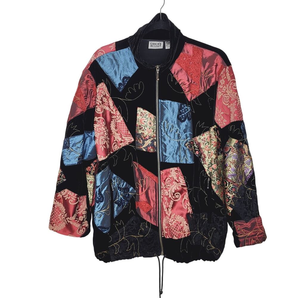 Vintage Chico's Patchwork Brocade Velvet Embroidered Full Zip Jacket Boho Sz 2/L - Picture 2 of 10